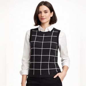Ann Taylor Grid Knit Sweater Vest Grey White Minimalist Office Chic Top S